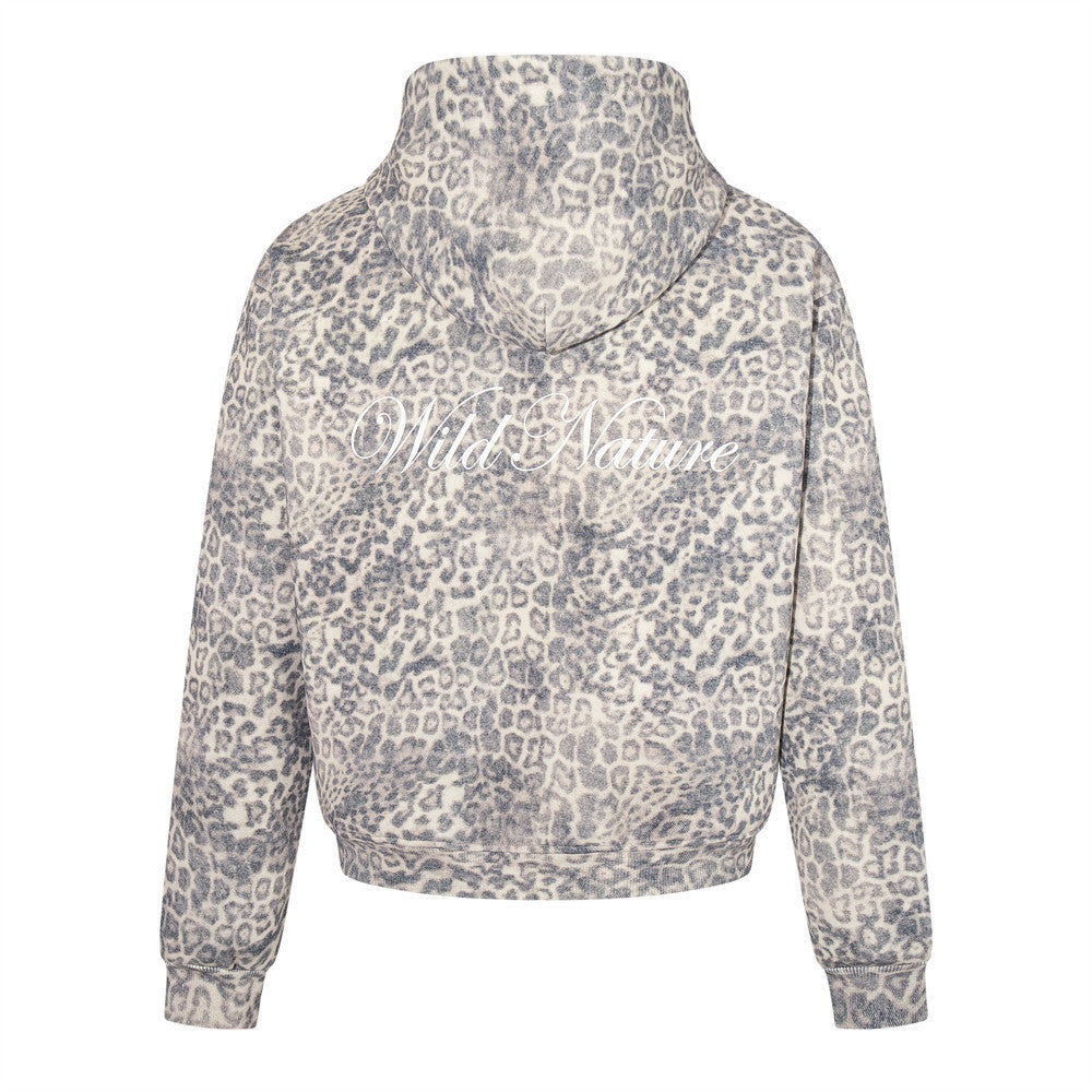 Hoodie zippé à imprimé léopard – Sweat-shirt streetwear oversize délavé
