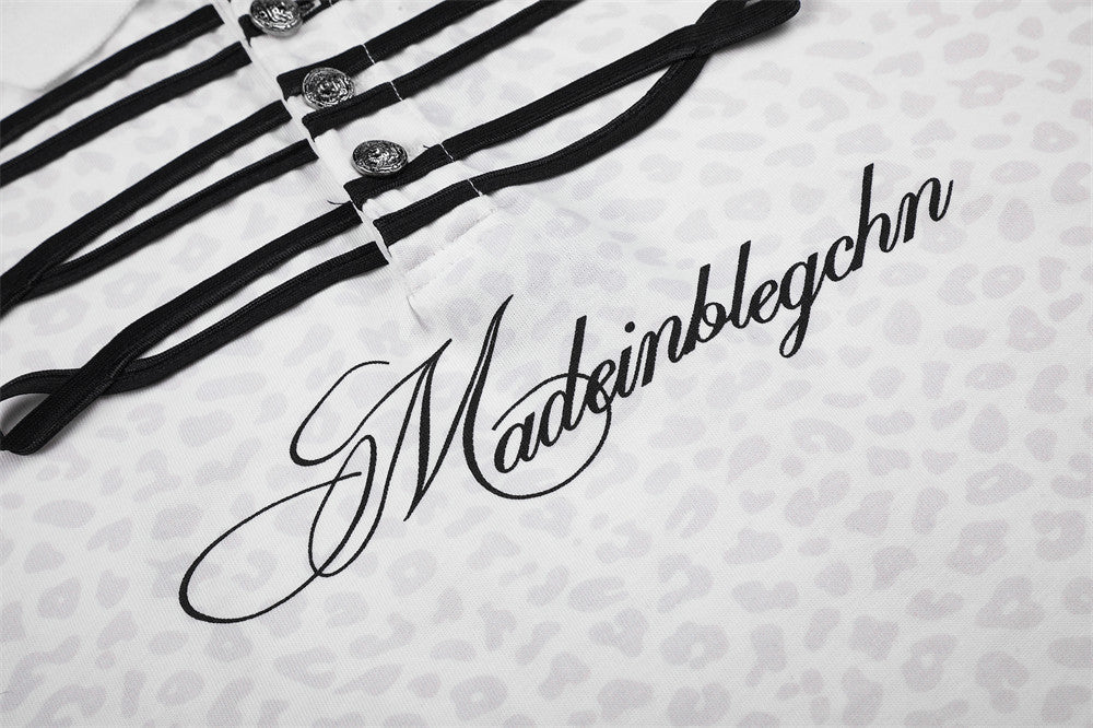 White Long Sleeve Polo Shirt with Leopard Texture, Stripe Collar & Ribbon Detail