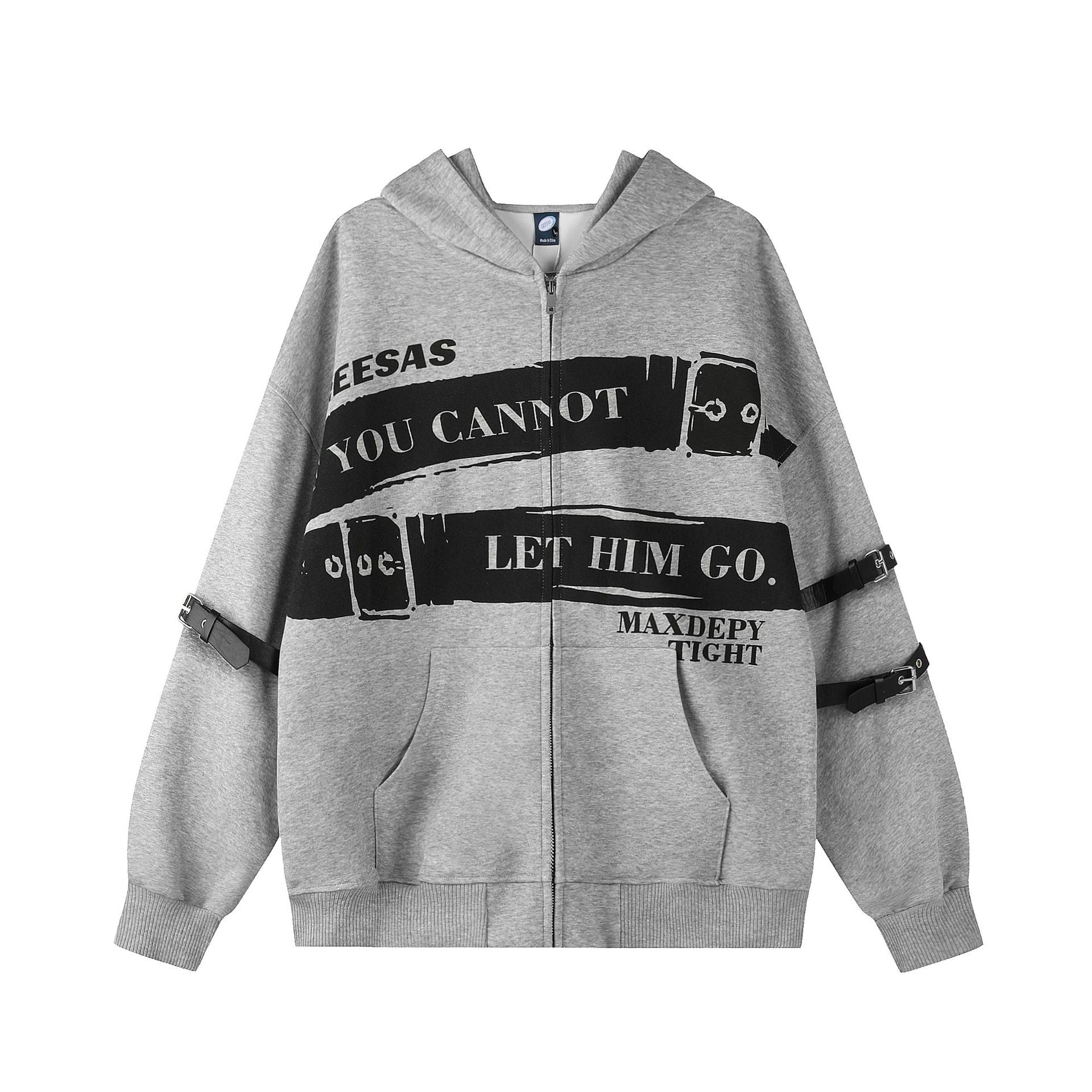 Sweat à capuche zippé oversize avec brides à boucles en cuir punk et grand imprimé graphique sur la poitrine, gris chiné