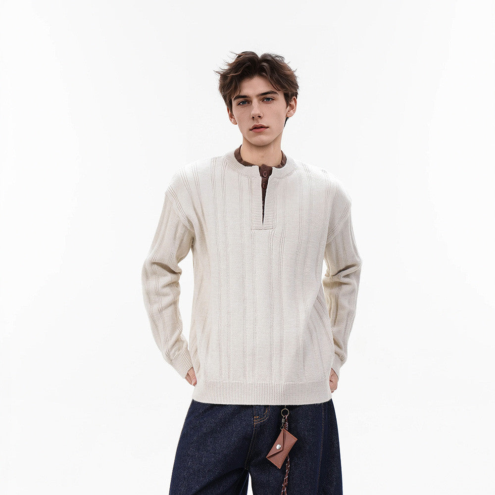 Pull homme en maille côtelée à col tunisien – Coupe oversize décontractée