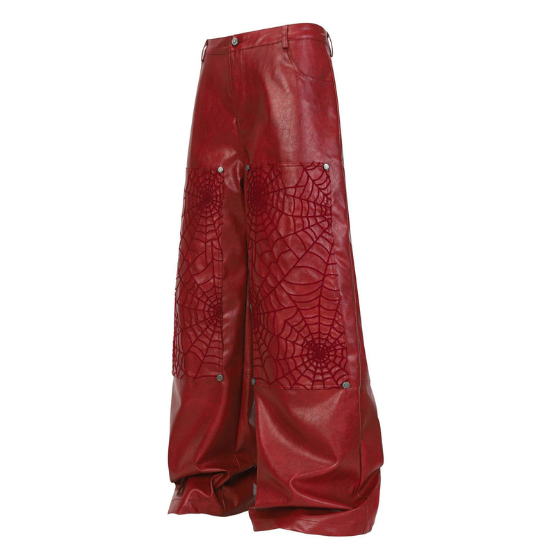 Wide-Leg Faux Leather Pants with Spiderweb Embossed Panels