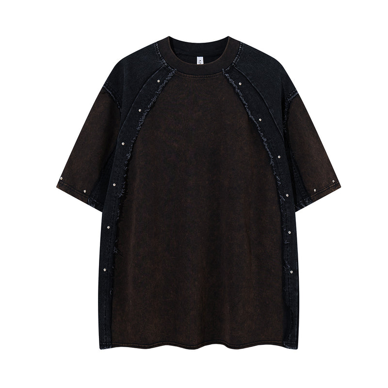 T-shirt patchwork raglan délavé à l’acide, coutures à bords bruts et détails rivetés