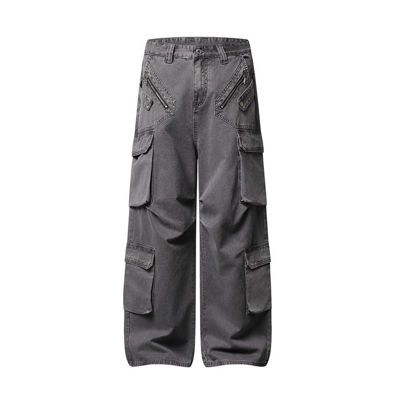 Wide-Leg Cargo Pants – Multi-Pocket Washed Vintage Streetwear Trousers