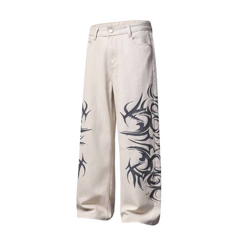Tribal Print Wide-Leg Jeans – Men's Streetwear Straight Baggy Pants