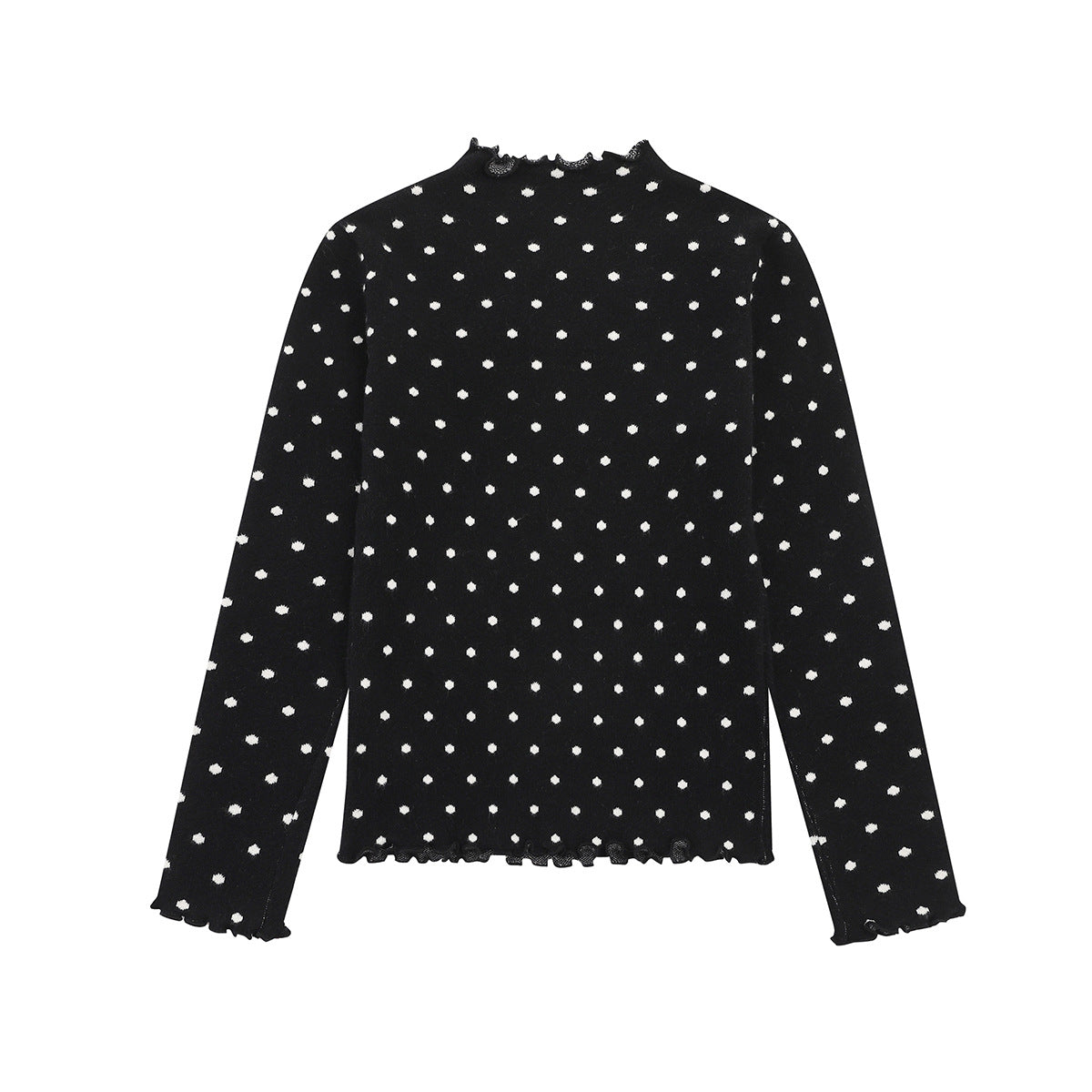 Polka Dot Mock Neck Knit Sweater Top with Cat Embroidery & Lettuce Hem