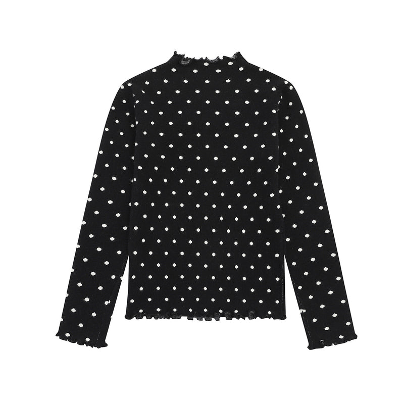 Polka Dot Mock Neck Knit Sweater Top with Cat Embroidery & Lettuce Hem