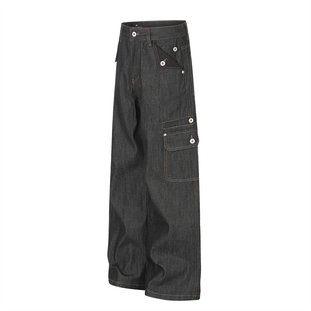 Raw Denim Cargo Wide-Leg Jeans – Multi-Pocket Straight Fit