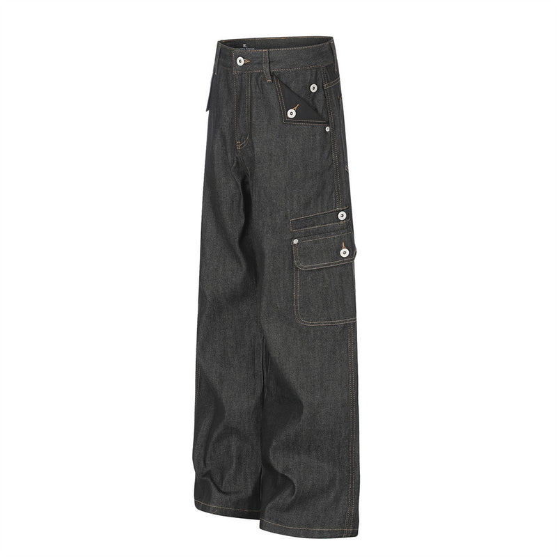 Raw Denim Cargo Wide-Leg Jeans – Multi-Pocket Straight Fit