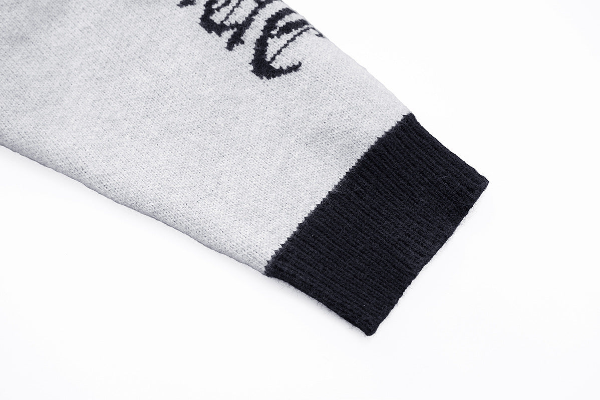 Gothic Cross Knit Zip-Up Hoodie with Old English Sleeve Script