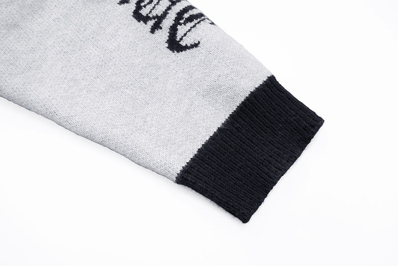 Gothic Cross Knit Zip-Up Hoodie with Old English Sleeve Script