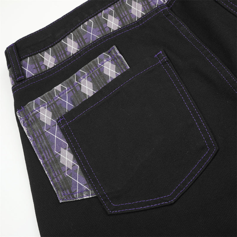 Wide-Leg Jeans with Argyle Patchwork Waistband and Hem Detail