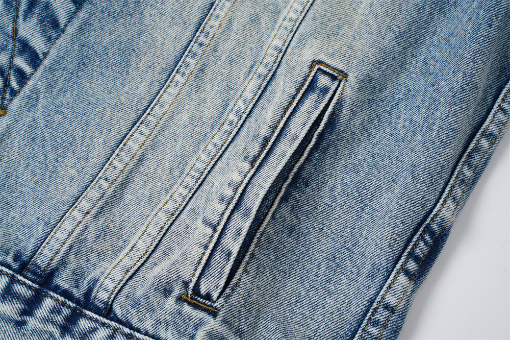 Veste en denim délavé à l’acide avec col en velours côtelé – Coupe oversize streetwear