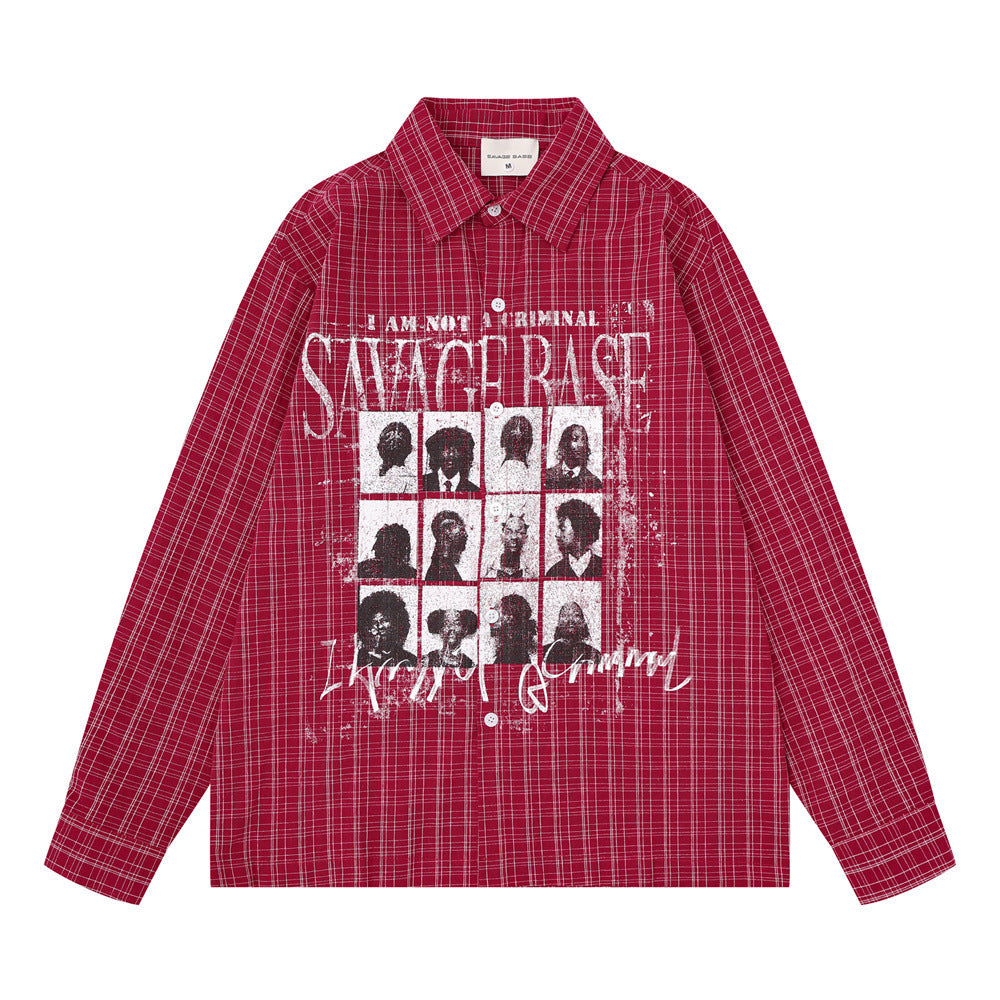 Chemise homme à carreaux manches longues avec imprimé graphique Savage Base Mugshot