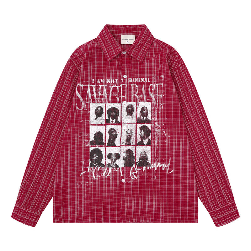 Chemise homme à carreaux manches longues avec imprimé graphique Savage Base Mugshot