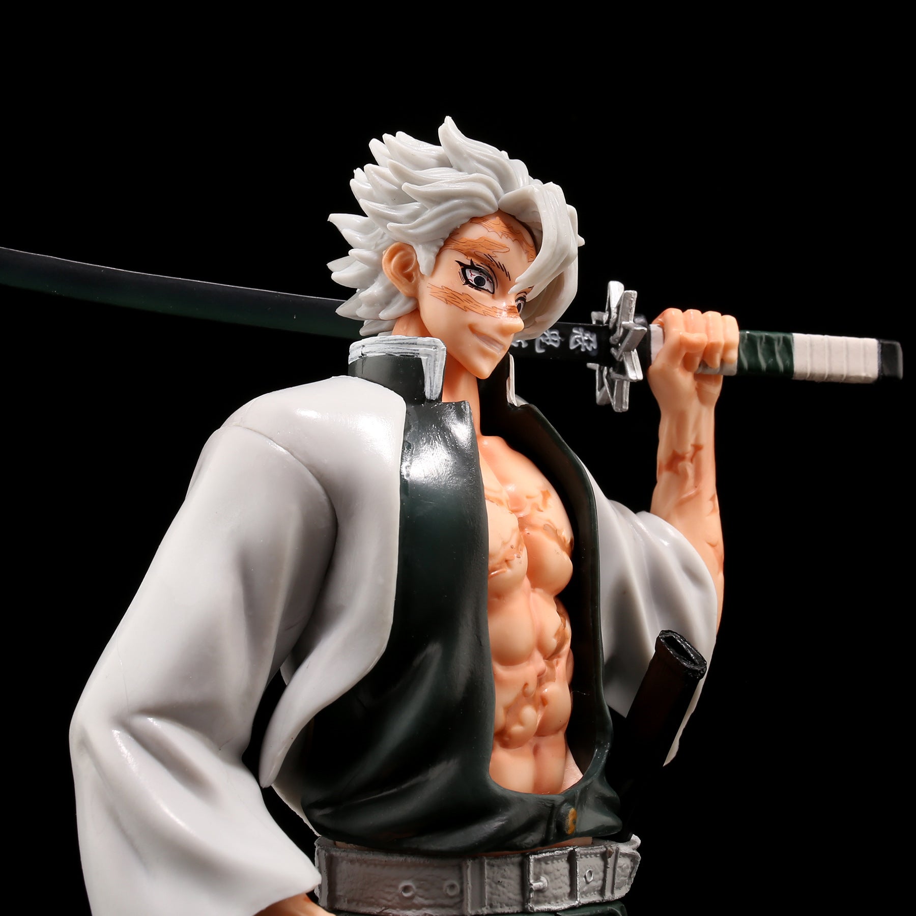 The Shinjuro Rengoku Demon Slayer PVC Figure from Demon Slayer is a 29cm high-quality collectible featuring a muscular, white-haired anime character with scars, holding a sword over his shoulder. The open jacket and pants stand out against the black background, enhancing its intensity.