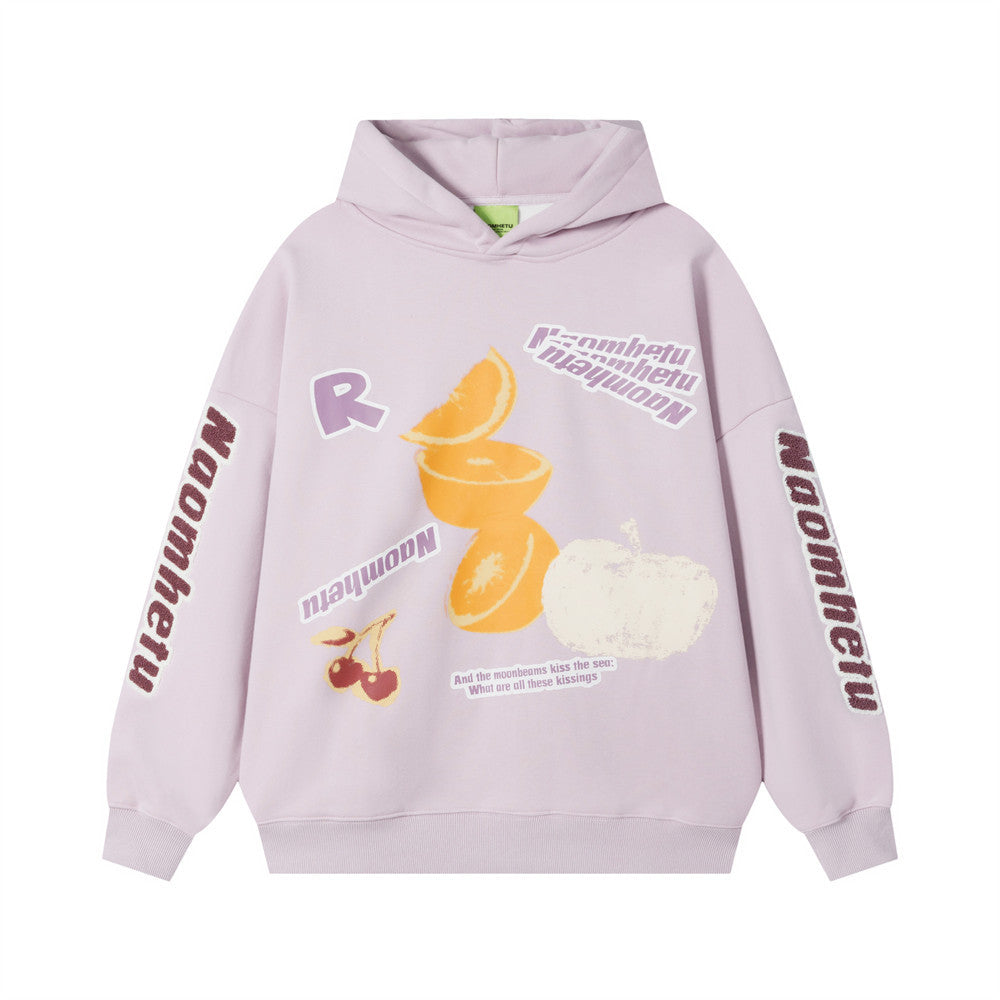 Oversized Graphic Hoodie with Fruit Print and Letter Graphics