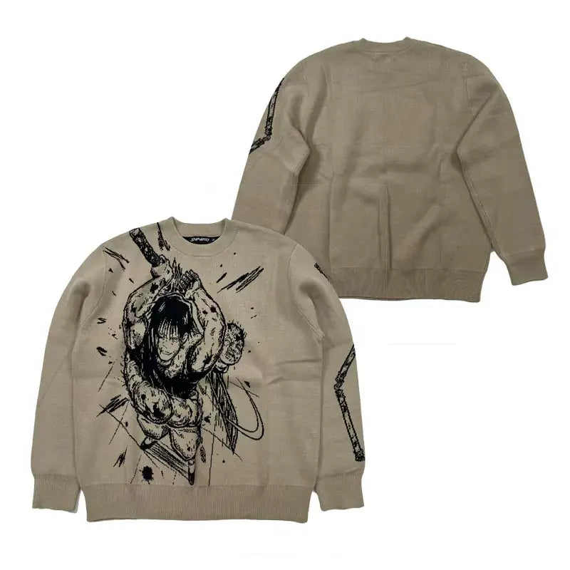 Manga Combat Graphic Oversized Knit Sweater in Vintage Sand