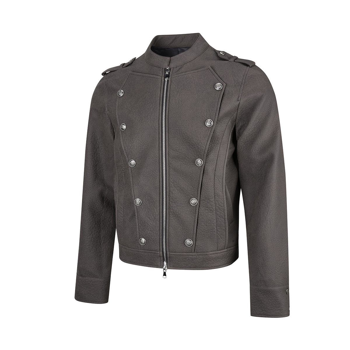 Military-Style Faux Leather Jacket with Double-Breasted Buttons & Zip Front