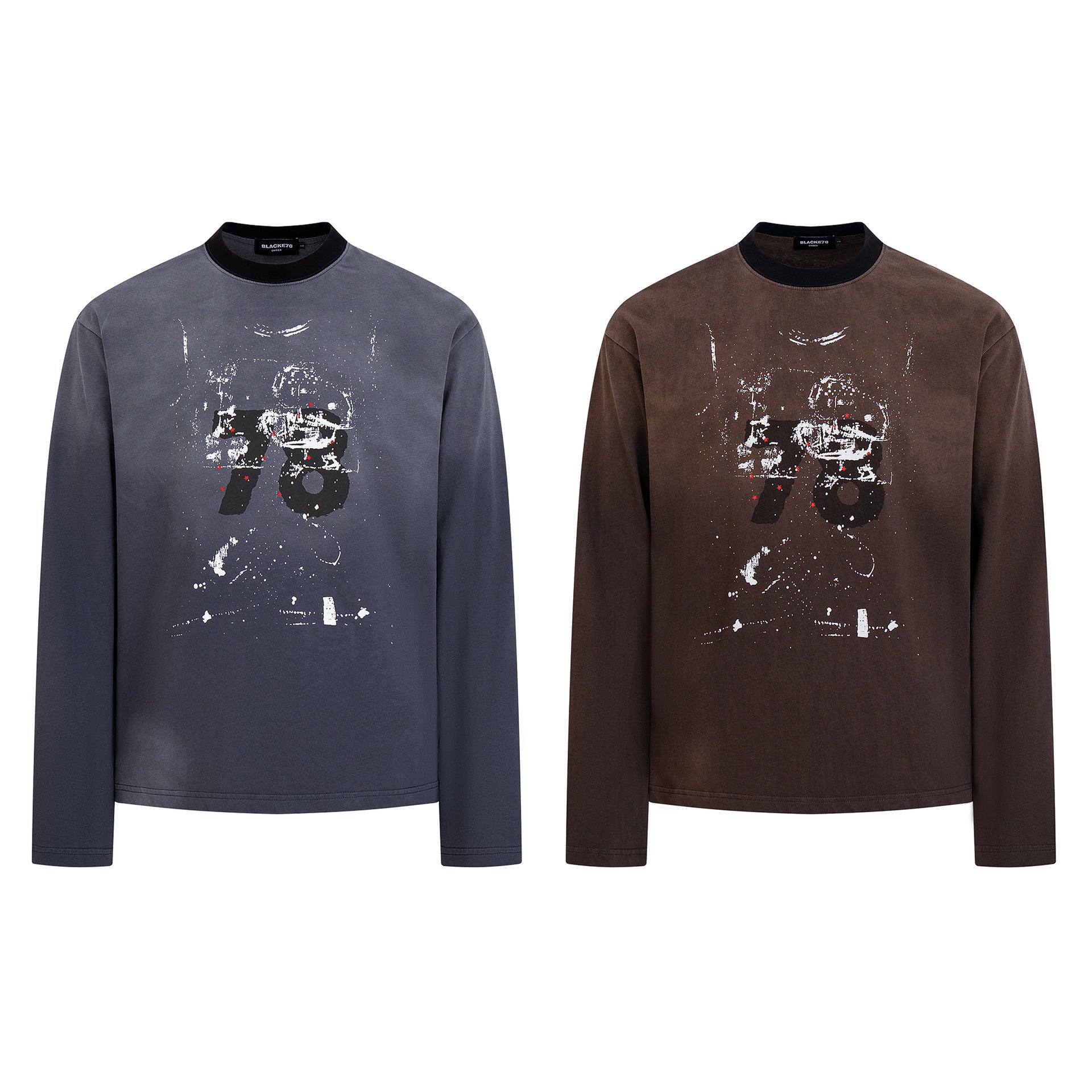 T-shirt gris à manches longues – Imprimé graffiti vintage délavé streetwear à col rond