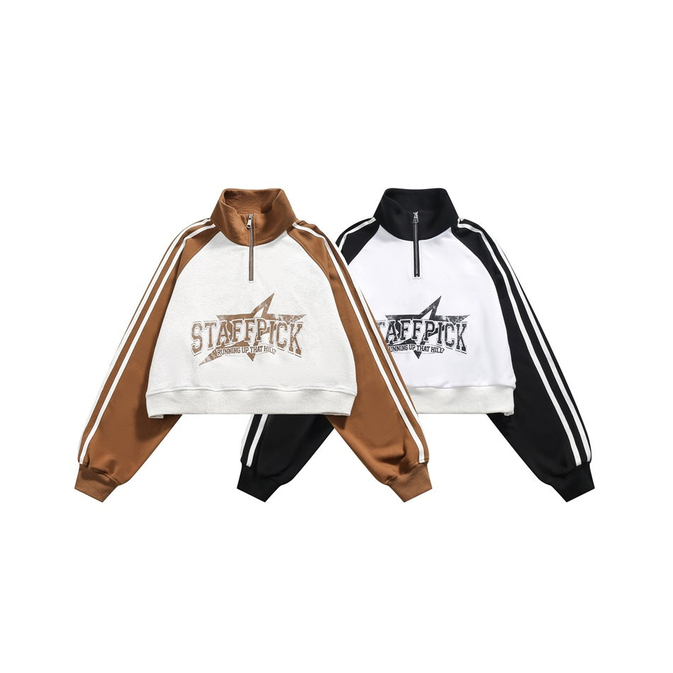 Cropped Half-Zip Sweatshirt Jacket – Colorblock Raglan with Stripe Sleeves