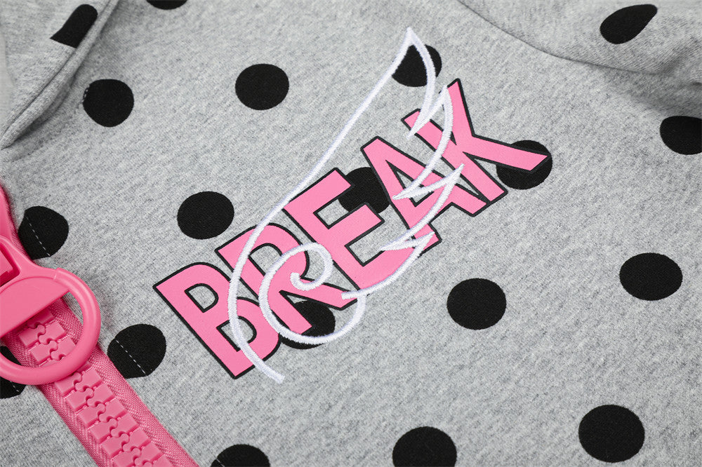 Polka Dot Zip-Up Hoodie with Embroidered Graphic – Cropped Streetwear Sweatshirt