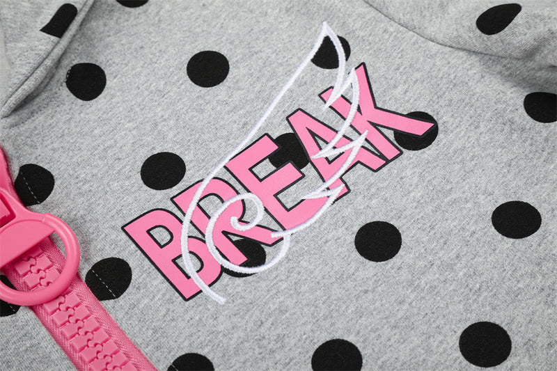Polka Dot Zip-Up Hoodie with Embroidered Graphic – Cropped Streetwear Sweatshirt