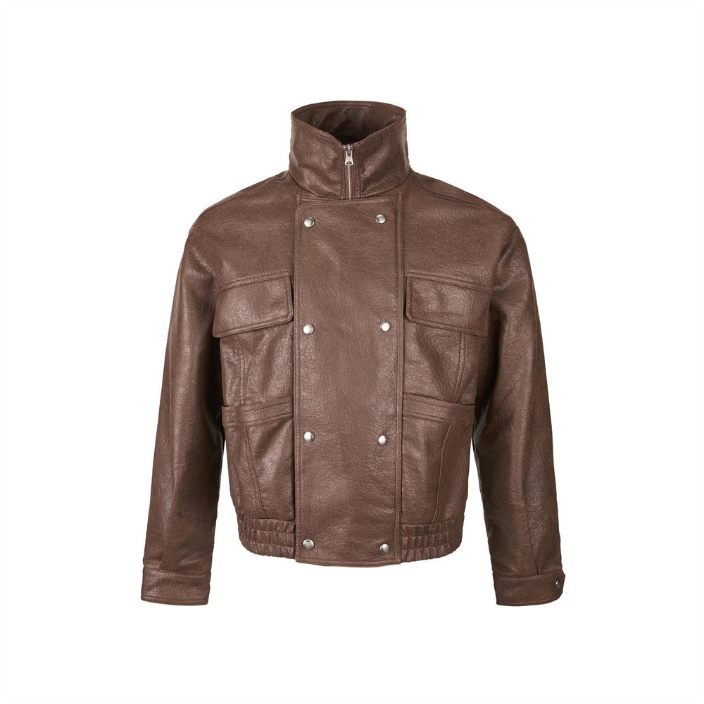 Men's brown PU leather moto jacket with high stand collar, snap-button front, and four pockets