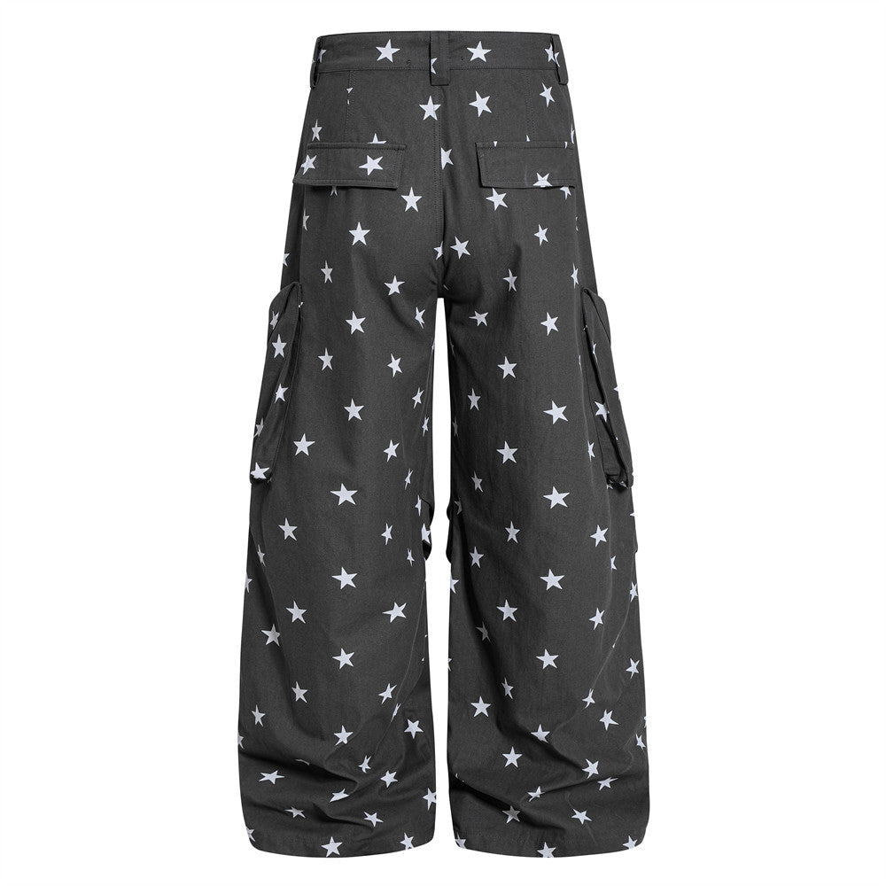 Star Print Wide-Leg Cargo Pants – Relaxed Fit Parachute Trousers