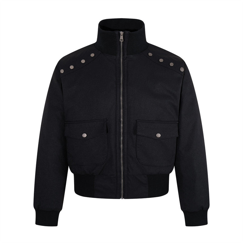 Men's black bomber jacket with studded shoulders, stand collar, and front flap pockets