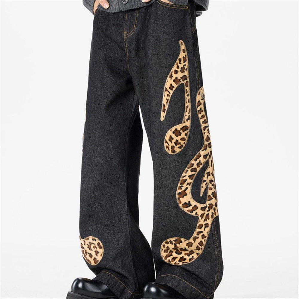 Loose Fit Jeans Men – Black Wide-Leg Denim with Leopard Print Appliqué Patches