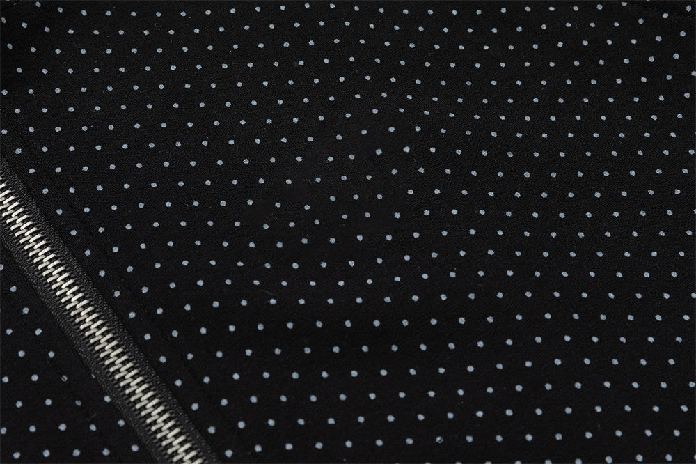 Men's Black Polka Dot Zip-Up Hoodie with Music Note Sleeve Tape