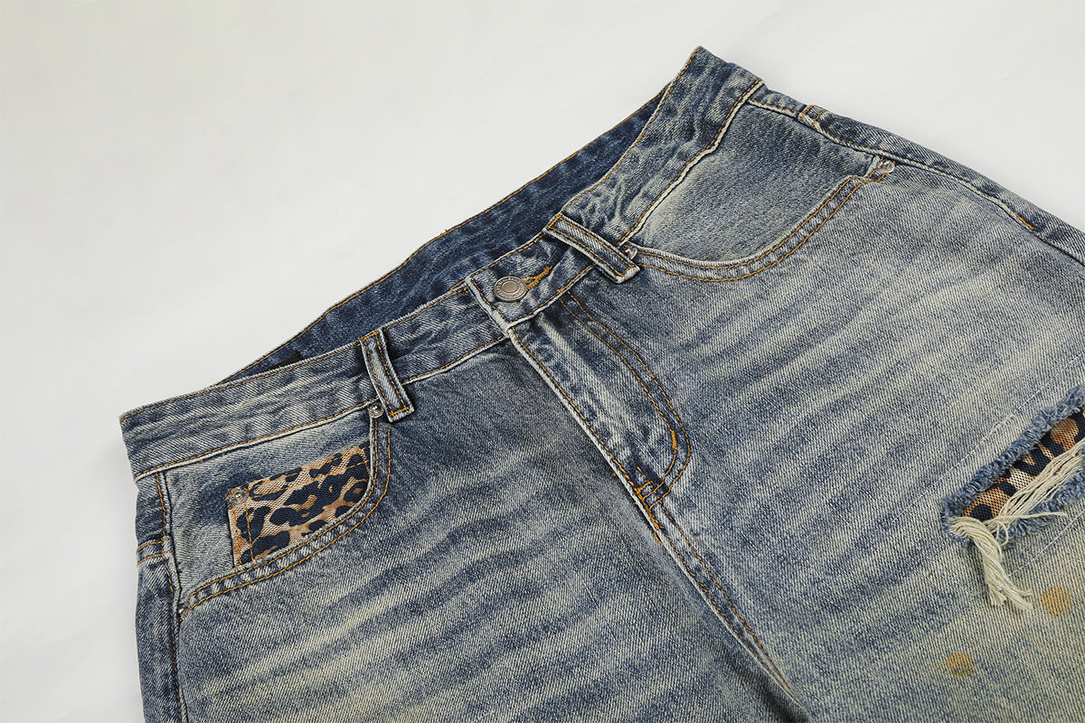 Jean baggy bleu clair à poches léopard – Denim large délavé et déchiré