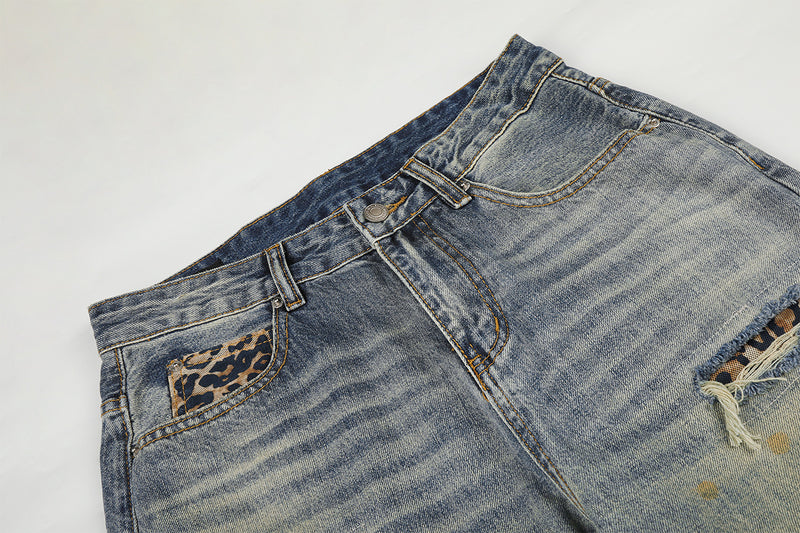 Jean baggy bleu clair à poches léopard – Denim large délavé et déchiré