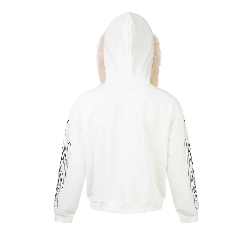 Sweat à capuche zippé avec bordure en fausse fourrure et imprimé script sur les manches