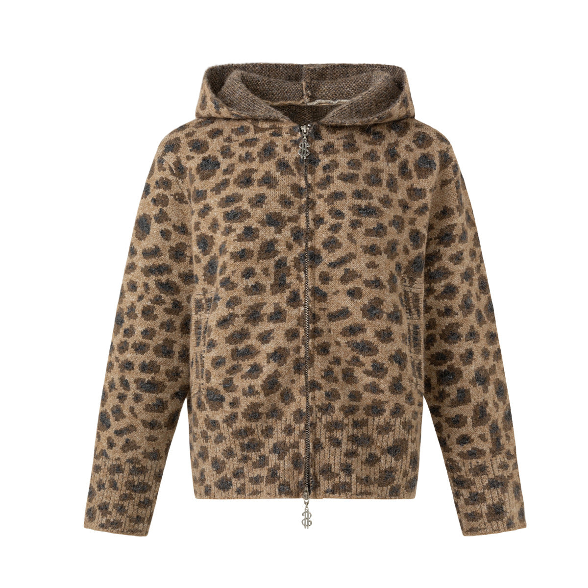 Leopard print knit zip-up hoodie in camel and charcoal with oversized hood and silver zipper, front and back view