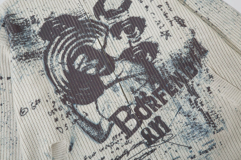 Veste pull zippée en maille imprimée ours graffiti – Col montant, éclaboussures d’encre, vintage