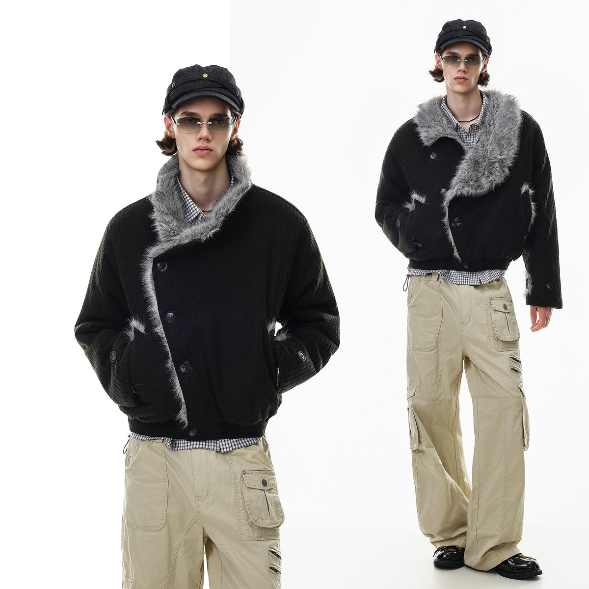 Men's Faux Fur Collar Bomber Jacket – Black Padded Winter Coat