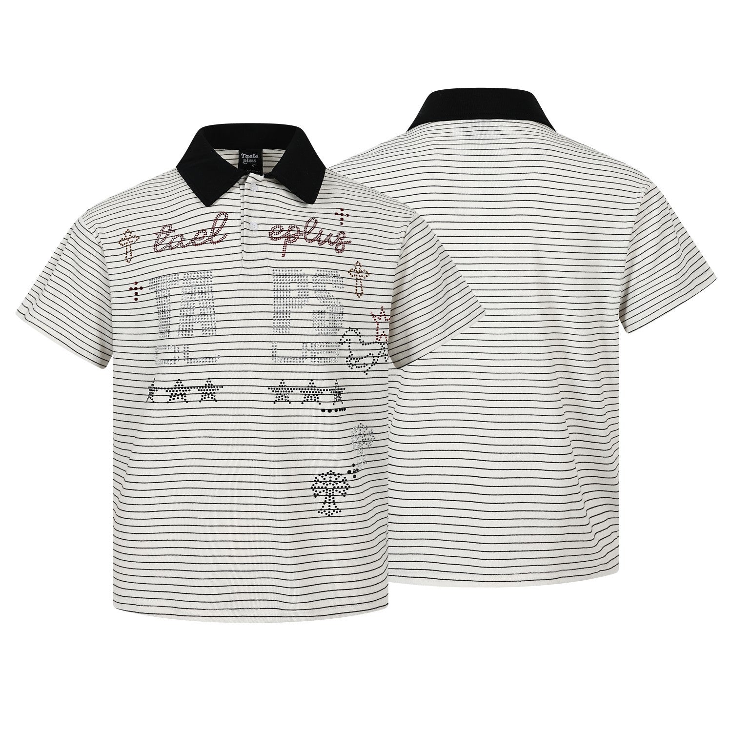 Polo de rayas con gráfico de letras de strass – Manga corta y cuello negro