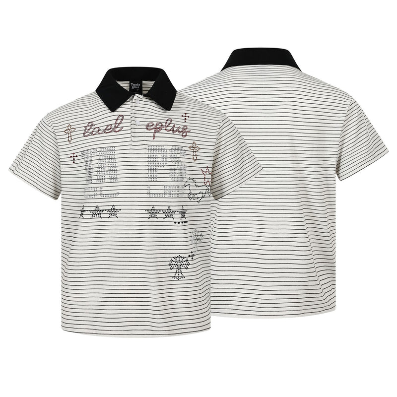 Polo de rayas con gráfico de letras de strass – Manga corta y cuello negro
