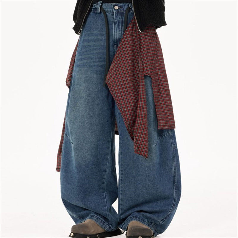 Wide-Leg Baggy Jeans with Detachable Plaid Skirt Overlay — Men's Punk Street