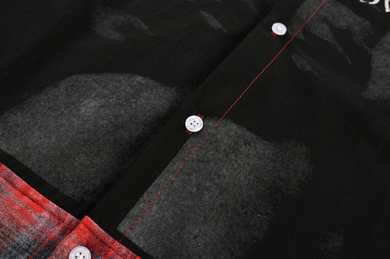 Long Sleeve Button Shirt – Plaid Patchwork Graphic Print Oversized Flannel