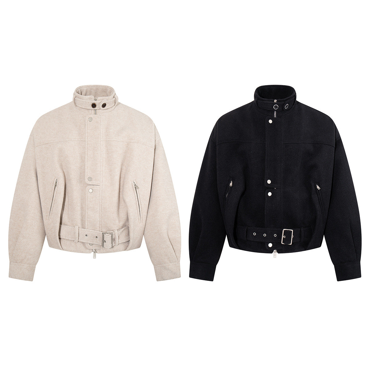 Oversized Wool-Blend Belted Bomber Jacket with Stand Collar