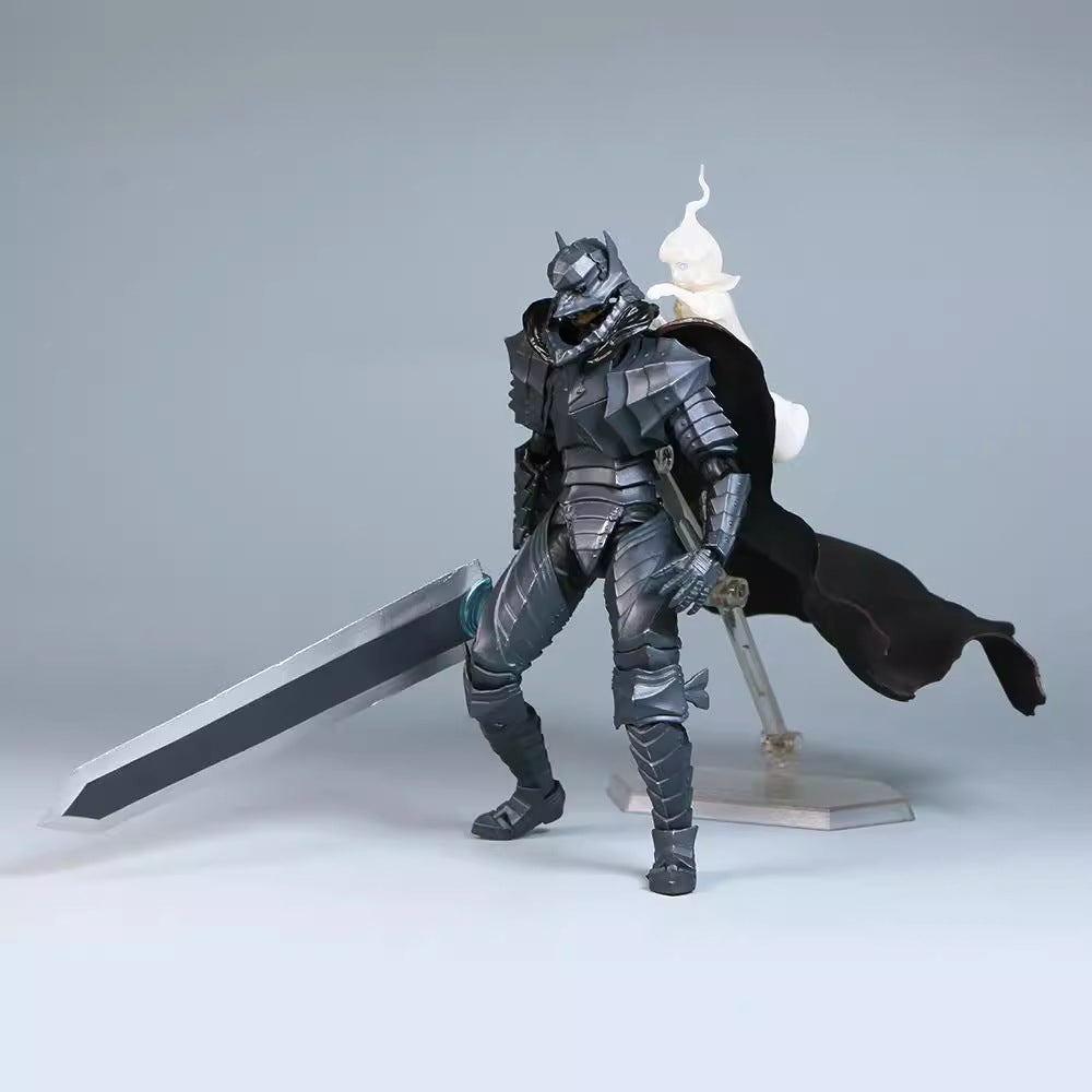 The Berserk Brand Marked Guts Berserker Armor Action Figure is a fully poseable 16 cm PVC statue with dark segmented armor, a large sword, and a black cape. It stands on a small base against a plain gray background, making it ideal for any Berserk fan&