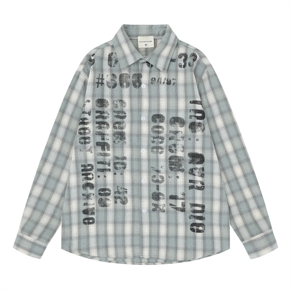 Front view of a light gray plaid long sleeve shirt with distressed black letter print