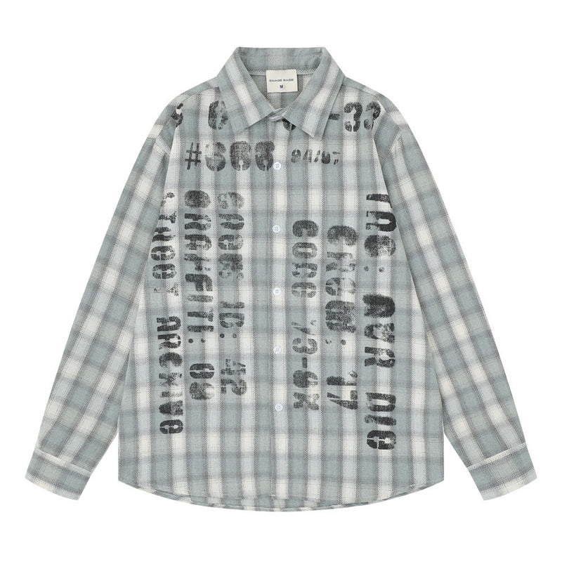 Front view of a light gray plaid long sleeve shirt with distressed black letter print
