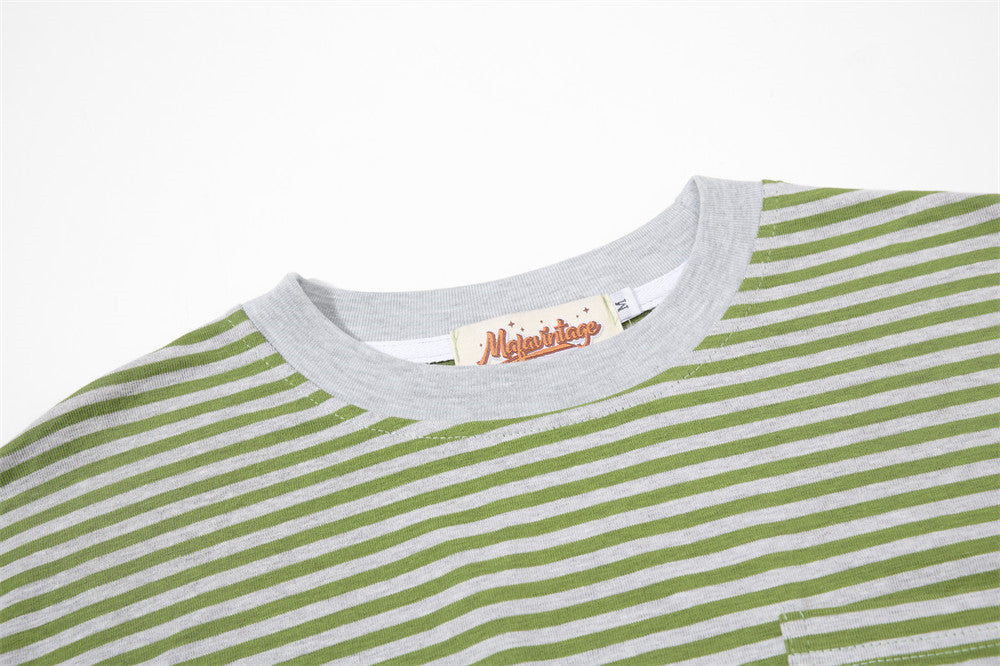 T-shirt homme à manches longues rayé avec poche – Coupe décontractée à col rond