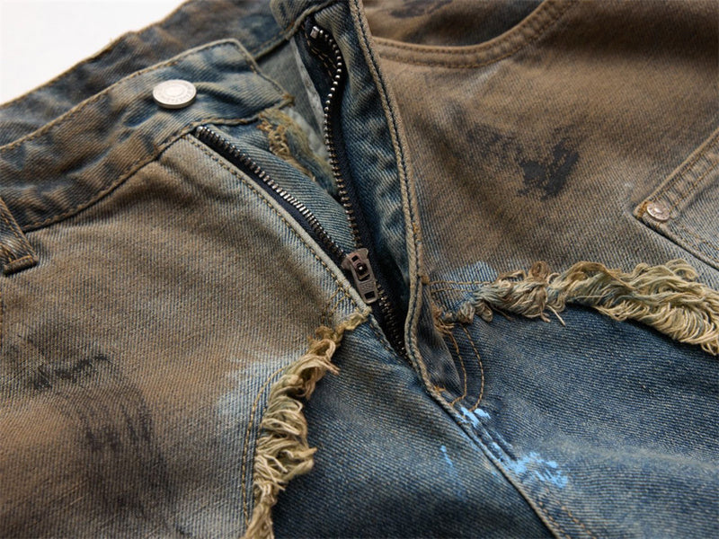Baggy Jeans with Paint Splatter Patchwork & Distressed Raw-Edge Detail