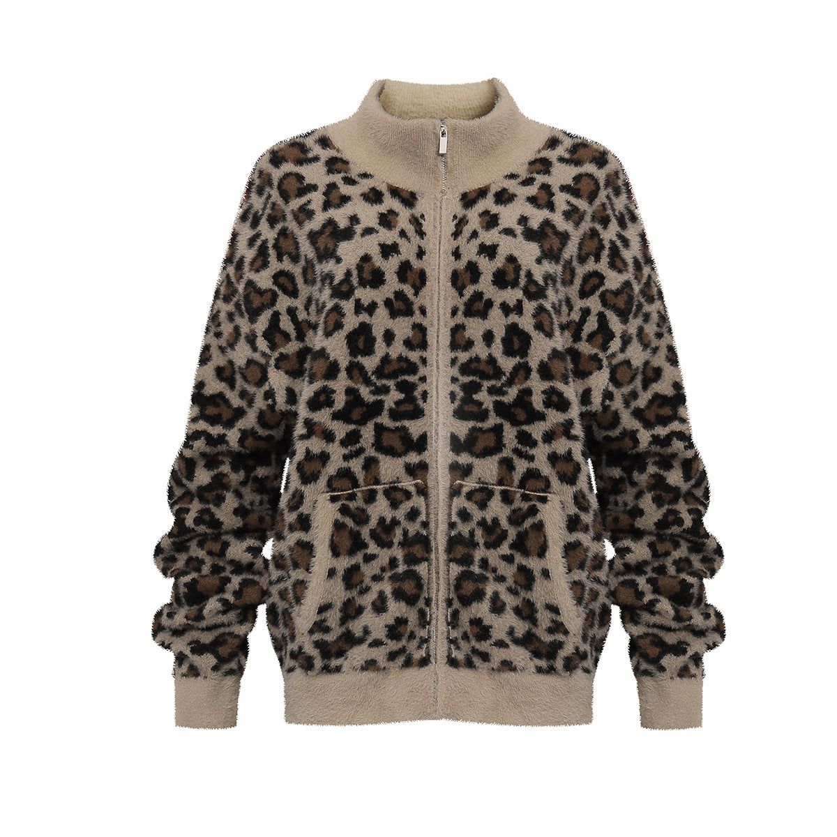 Oversized Zip-Jacke aus flauschigem Fleece mit Leopardenprint, Mockneck-Kragen und Rippbündchen, Vorder- und Rückansicht