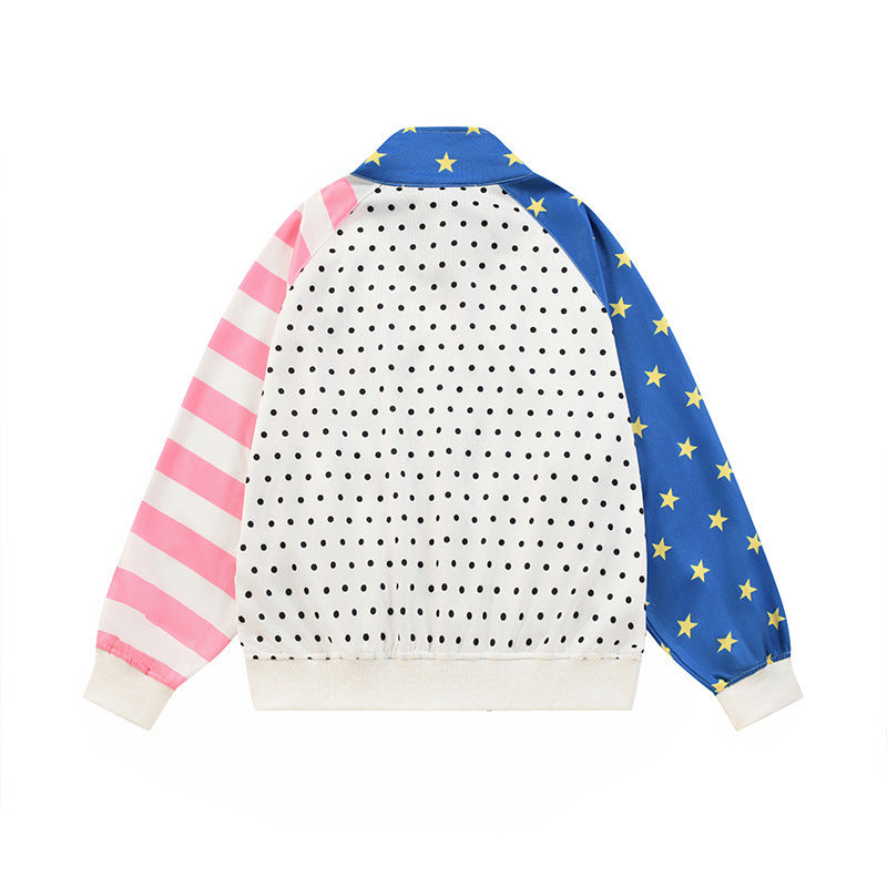 Polka Dot Colorblock Stand Collar Zip-Up Jacket – Stars & Stripes Patchwork