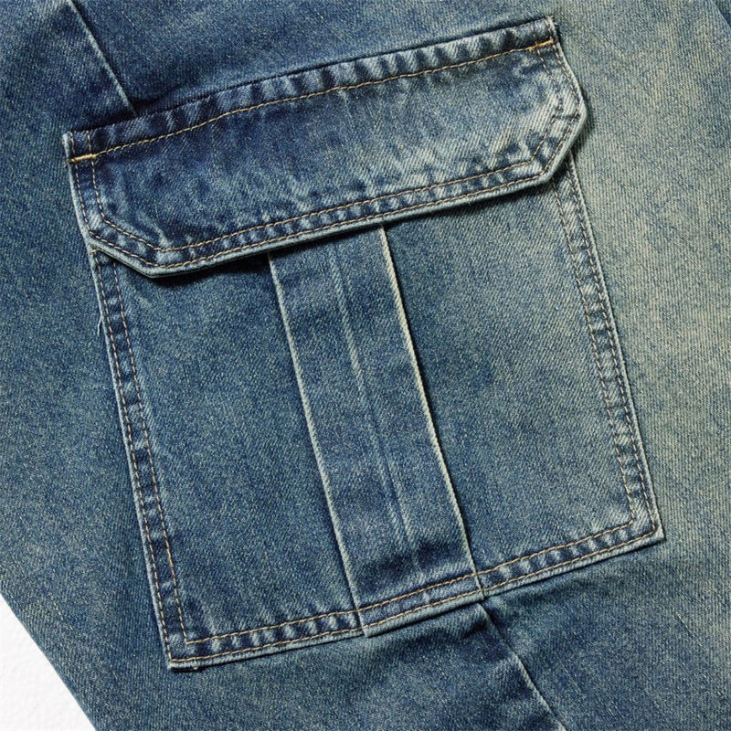 Baggy Wide-Leg Cargo Jeans – Men's Multi-Pocket Distressed Denim